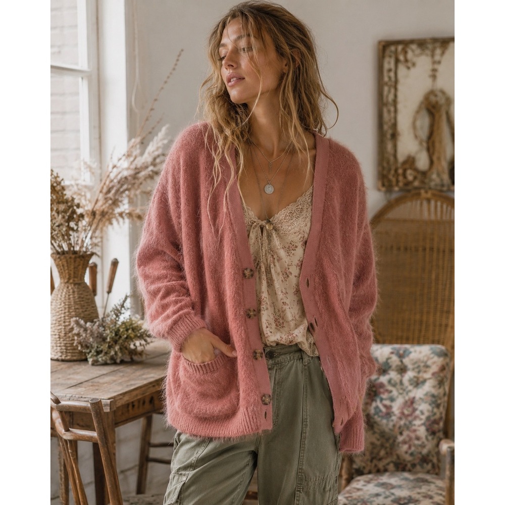 Urban Outfitters Fuzzy Eyelash Knit Cardigan Sweater Pink Button Front Large